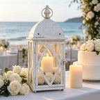 17" Vintage Distressed White Metal Lantern, Glass Paneled Hanging Candle Lantern, Rustic Farmhouse Decor for Indoor & Outdoor Patio, Garden, Wedding & Entryway Display - Image 7