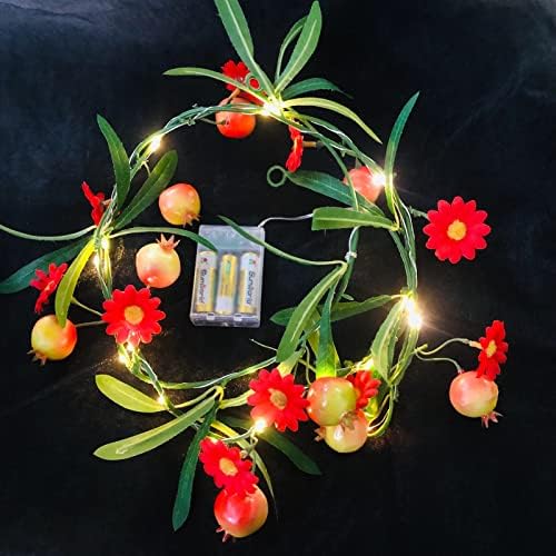 Artificial Pomegranate and Flower Vine Plant Fruit Flowers Leaves Garland with 2M 20 LED Coper Wire String Light Wedding Birthday Indoor Decor Fairy Light (Pomegranate, 4) by Sezrgiu