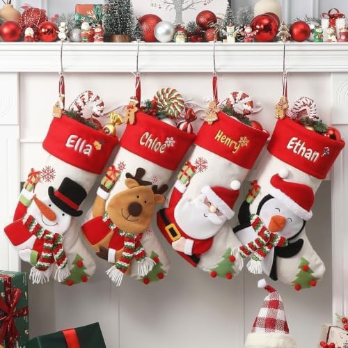 Personalized Christmas Stockings with Embroidered Name & Monogram,Custom 3D Xmas Character Stocking 5 Pack 18” Large,Santa,Snowman & Reindeer Fireplace Hanging Burlap Plaid Stockings(A) by Infiher