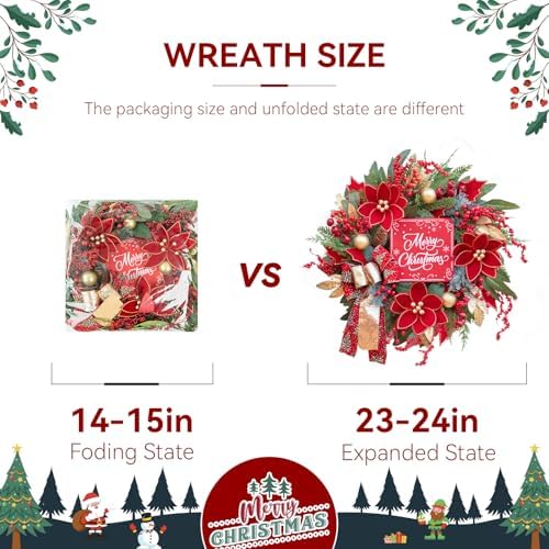 Christmas Wreath with Lights, 24 Inch Lighted Christmas Wreath for Front Door, Winter Wreath with LED Lights, red Berries, Pinecones, Gold Ball, Red Bow, Merry Christmas Sign for Indoor or Outdoor - Image 4