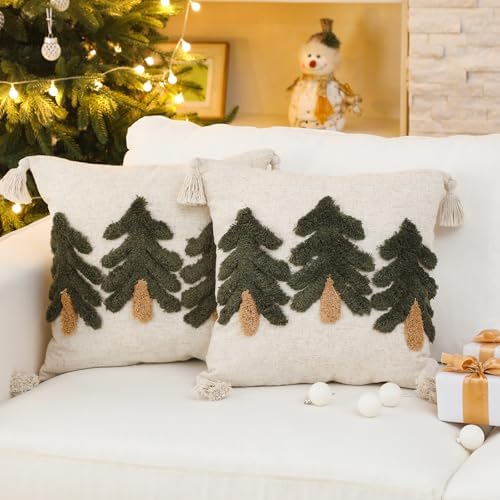 Mixweer 2 Pack Green Tufted Christmas Tree Pillow Covers 18 x 18 Inch Farmhouse Winter Throw Pillowcases with Tassels Green Tree Decorative Cushion Covers for Sofa Couch Holiday Party Home Decor by Mixweer