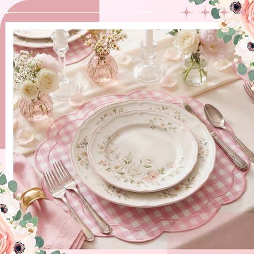 Breling 6 Set Gingham Placemat 17" x 13" Cotton Linen Placemat, Pink - Image 3