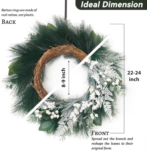 Winter Wreaths for Front Door 24 Inch Artificial Christmas Wreath Decorated with White Berries,Outdoor Winter Door Wreath Green Eucalyptus Wreath for Farmhouse Home Porch Wall - Image 2