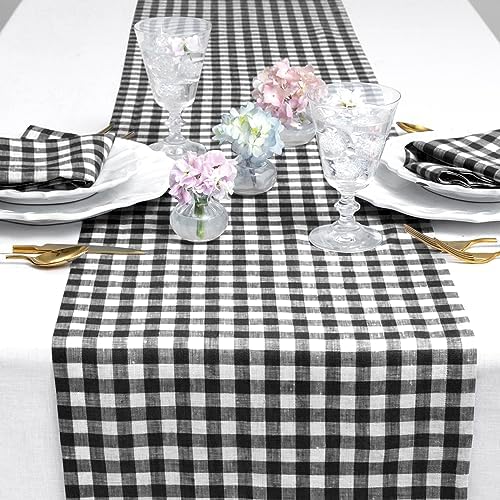 Solino Home 100% Pure Linen Table Runner Black, Gingham Check 14 x 90 in - Image 3
