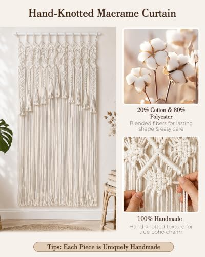 BECHAEO Boho Macrame Curtain with Arch Tassels, 1PC 39" x 79" White B - Image 5