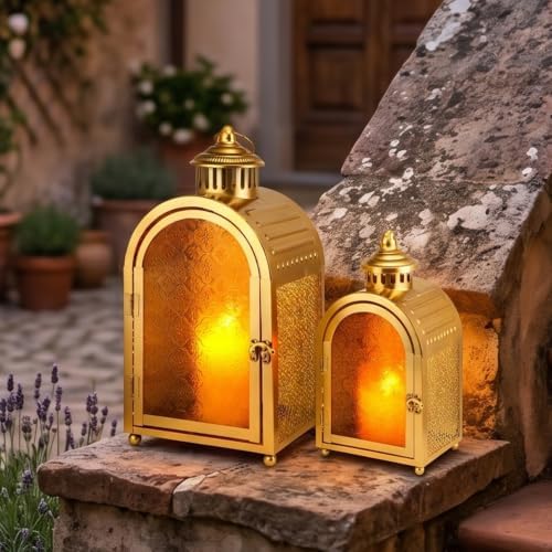 JHY DESIGN 2-Pack Vintage Metal Candle Lanterns with Embossed Amber Orange Glass 15.5'' High Hollow Carved Candle Holder, Portable Hanging Lantern for Home Patio Wedding Holiday Decor（Gold） - Image 5