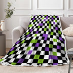 JAWO Halloween Gothic Checkerboard Throw Blanket, Purple Lime Green Black White Plaid Plush Flannel Blanket, Spooky Grid Decor Couch Bed Blanket 60X80 Inches - Image 3