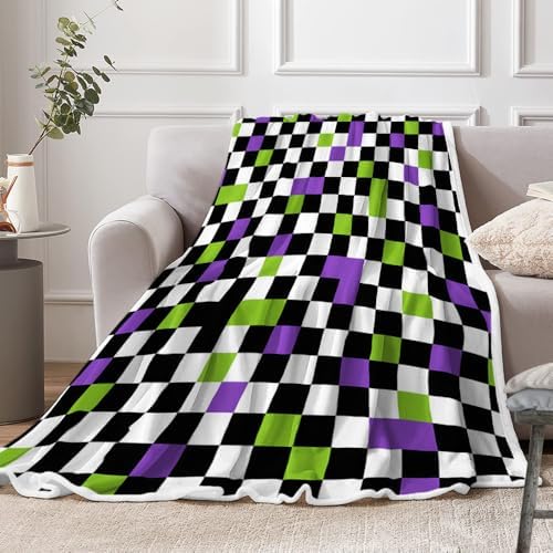 JAWO Halloween Gothic Checkerboard Throw Blanket, Purple Lime Green Black White Plaid Plush Flannel Blanket, Spooky Grid Decor Couch Bed Blanket 60X80 Inches - Image 3