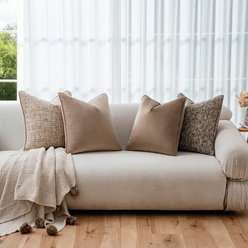 a moment Neutral Khaki Brown 4 Pack Throw Pillow Covers - Chenille & Velvet Set with Piping, Farmhouse Textured Design Pillow Cases for Couch Sofa Bed Livingroom (16x16 Inch, No Insert) - Image 4