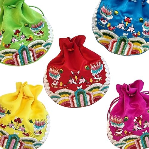 Seoulful Vintage Korean Embroidered Bokjumeoni - 5-Piece Traditional Lucky Pouch Set with Decorative Symbols - Hanbok Fortune New Year & Chuseok Gift Bag - Image 5