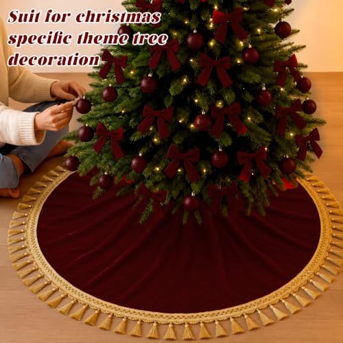 Blueweenly 48 Inch Burgundy Christmas Tree Skirt, Gold Tassel Edge - Image 6