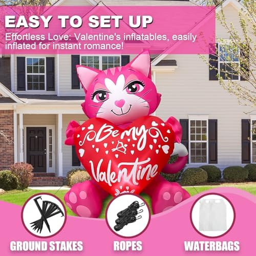 4FT Valentine's Day Inflatables Cute Pink Cat with Heart Decorations Built-in LED Lighted Blow Up Decor Indoor Outdoor Holiday Art Decor Romantic Gift for Anniversary Wedding Party - Image 6
