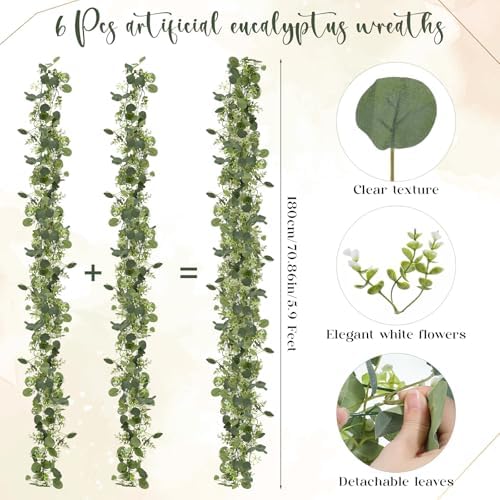 6 Pack 5.9 Feet Faux Eucalyptus Garlands Bulk, Artificial Wedding Garland with White Flowers Faux Silver Dollar Eucalyptus Leaves Vines for Table Home Wedding Party Indoor Outdoor Decor - Image 2