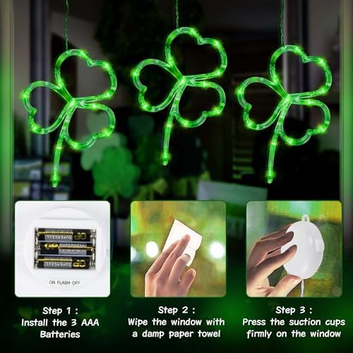 [Timer] 3 Pack St Patricks Day Decorations Shamrocks Window Lights Battery Operated, Green St. Patrick's Day Lights Saint Patricks Day Decor Window Silhouette Lights for Home Party Door Indoor Outdoor - Image 3