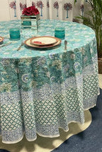 Ridhi Block Print Round Tablecloth Turquoise & Steel Blue 110 Inch Cotton - Image 3