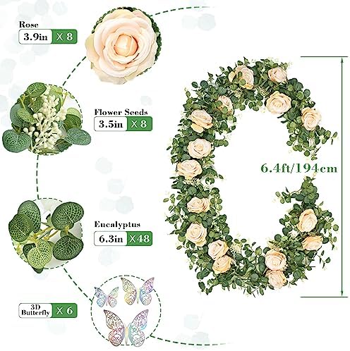 6 Ft Champagne Fuller Flower Garland with 6 Pcs Butterfly, Fake Rose Vine - Image 5