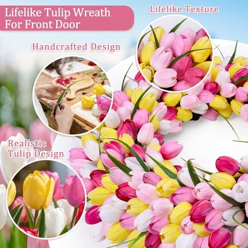 Tulip Wreath,Spring Wreaths for Front Door Zmtyykh Artificial Floral Door Wreath for Valentine’s Day Easter Summer Decor for Outdoor Indoor Window Wall Front Porch Farmhouse Home 22" Pink Yellow White - Image 2
