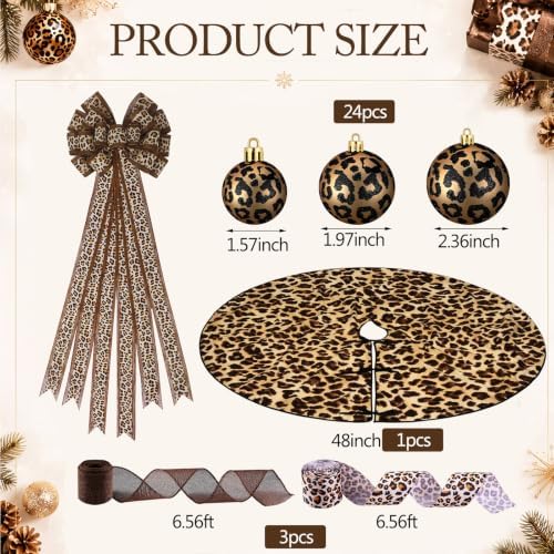 Sosation 29 Pcs Wild Glam Christmas Tree Decor Set, Including 24 Leopard Christmas Balls, 1 Leopard Print Tree Skirt, 1 Wild Bow Topper, 3 Ribbon Rolls for Farmhouse Party - Image 3
