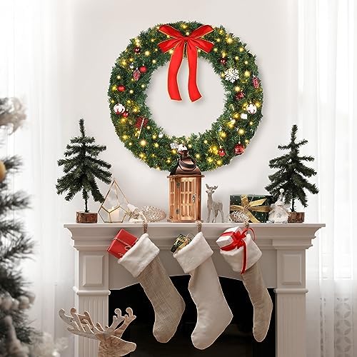 VINGLI 36 Inch Christmas Door Wreath Decorations with 100 Lights and 300 PVC Branches, Pre-lit Artificial Christmas Wreath for Front Door, Xmas Wreath w/Bow, Pine Cones, Ornaments (Plug-in) - Image 3