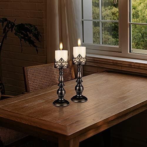 Candle Holders for Pillar Candles Gothic Distressed Black Vintage Tall Candle Holders Set of 2 Decorative Large Table Centerpieces Candle Stand Decor (Distressed Black 2PCS A) - Image 3