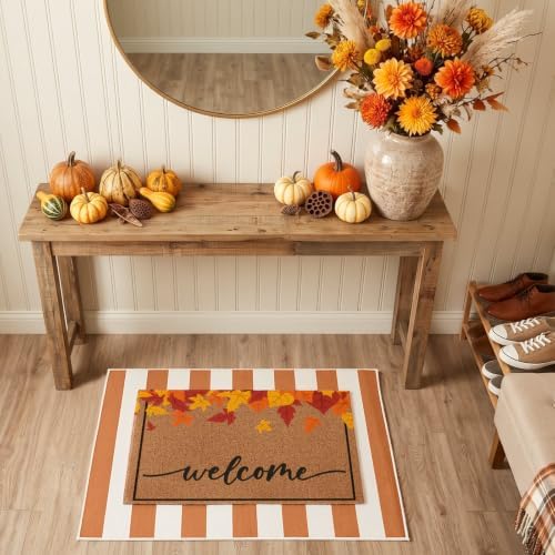2 Pcs Fall Maple Leaves Welcome Doormats Autumn Outdoor Rug Striped Layering Porch Mats Non Slip Thanksgiving Entryway Shoe Scraper Washable Front Door Carpet Farmhouse Decorations 24x32 Inch - Image 4