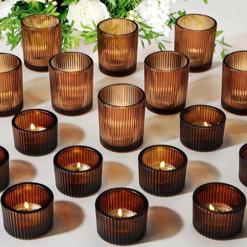 20pcs Assorted Votive Candle Holders for Tea Light Candles, Amber Glass Tea Light Candle Holders Set, Decorative Ribbed Tealight Holder for Wedding Table Decor, Dining Room, Valentine's Day, Birthday by Unknown