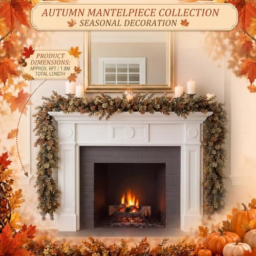 Riceshoot 6 ft Fall Garland for Mantle, Realistic Leaves Fireplace Decor - Image 3