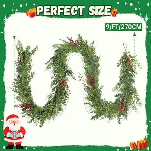 9FT Real Touch Artificial Cedar and Eucalyptus Garland with Vibrant Accent Berries - Flexible Greenery Decor for Mantel, Staircase, Banister, Doorway - Image 2