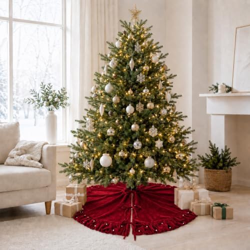 Velvet Christmas Tree Skirt, 60 Inches WineRed Ruffled Velvet Christmas Tree Skirt with Pearls,Rustic Vintage Xmas Tree Skirt for Party Decorations - Image 3