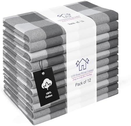 LFH Home 100% Cotton Cloth Reusable Dinner Napkins Set of 12 Washable Soft Decorative Buffalo Plaid Gingham and Checkered Table Napkins for Holidays Wedding Farmhouse Decor 18x18 Inch-Charcoal & White by LFHHomePrivateLimited