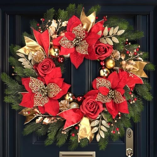 Christmas Wreaths for Front Door,Winter Wreaths for Indoor and Outdoor Christmas Decorations,Christmas Door Wreath with Red Christmas Flowers and Golden Ball,Pine Cones for Christmas Decor by TISEMENT