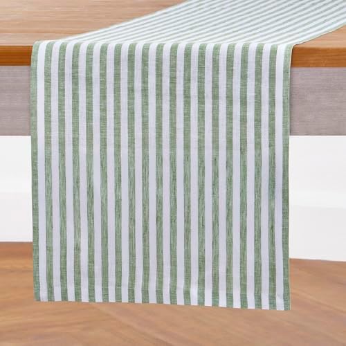 Solino Home 100% Pure Linen Table Runner, 14 x 60 in, Green, Amalfi Stripe - Image 2