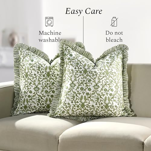 CPC Meadow Vine Hand Block Print 100% Cotton Ruffle Throw Pillow Cover 18x18 inch with Hidden Zipper Decorative for Couch, Bed, Sofa, Farmhouse, Cottagecore Decor Gift Christmas Fall Thanksgiving - Image 6