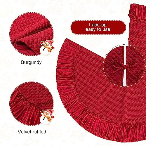 Glitzhome 48''D Burgundy Christmas Tree Skirt,Deluxe Burgundy Velvet Ruffled Xmas Tree Mat Skirt Decoration for Merry Christmas Holiday New Year Party - Image 3