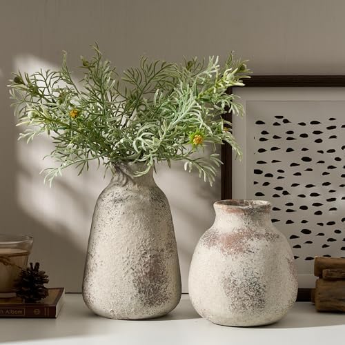 PORCER Ceramic Vase Set of 2 for Home Decor, Handcrafted Vintage Terracotta Vases, Rustic Farmhouse Decor, Minimalist Decorative Vase Set for Table Centerpiece Fireplace Nightstand Decoration - Brown - Image 5