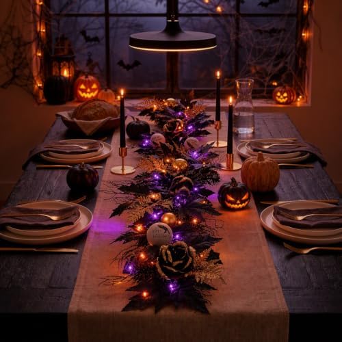 DecorbyHannah 6ft Halloween Garland for Mantle with Lights Black Rose Decor - Image 4