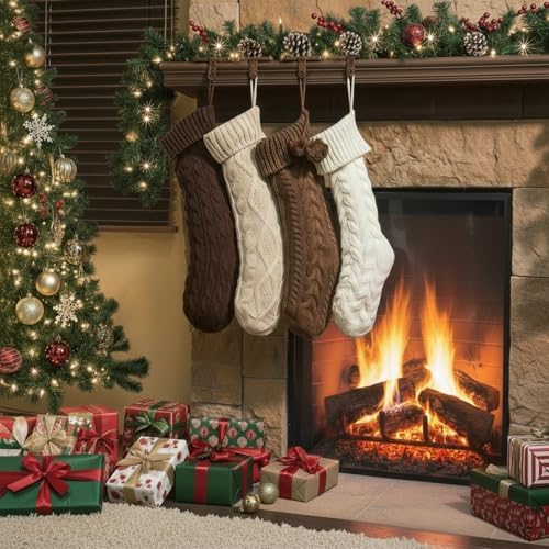 Shyyween 4 Pack Cable Knit Christmas Stockings 18 Inch Farmhouse Large Rustic Neutral Knitted Stockings Ornaments Hanging Xmas Decorations for Family Holiday Party Decor(Stylish Style) - Image 6