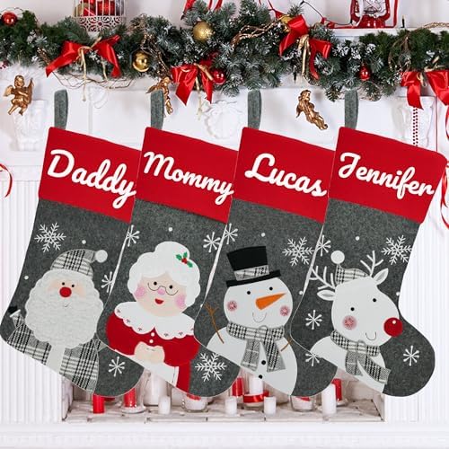 Set of 4, 18" Dia Personalized Gray Christmas Stockings with Embroidery Names, with Holders,Quality Thick Fleece Material Stockings for Family Decor(Santa Mrs.Claus Snowman Elk) - Image 5