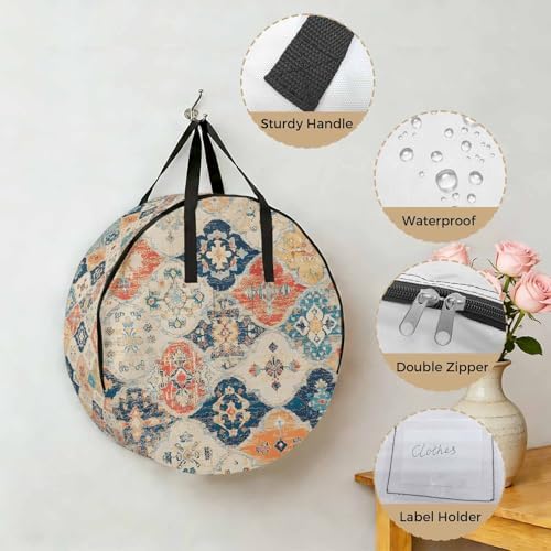 Boho Round Storage Bag 24 Inch, Vintage Orange Blue Abstract Ethnic Flower Texture Clothes Storage Container with Handles Heavy Duty Organizer for Comforter, Bedding & Holiday Wreaths - Image 5