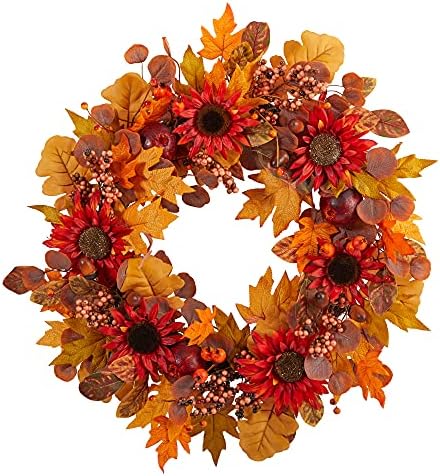 Nearly Natural 30 in Artificial Fall Sunflower Wreath for Front Door Decor by NearlyNatural