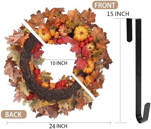 24 Inch Thanksgiving Fall Wreath, Autumn Wreaths for Front Door Halloween Wreath with Pumpkin Red Lantern Fruit Maple Leaves for Home Outside Indoor Wall Window Festival Fall Decorations - Image 2