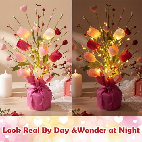 Pinkunn 2 Packs Mother's Day Table Centerpiece Decor Mother's Day Table Tree Decoration with Light, 16 Inches Artificial Tulip Red Pink Heart Shaped Berry Burlap Base Decor for Dining Room Home - Image 3