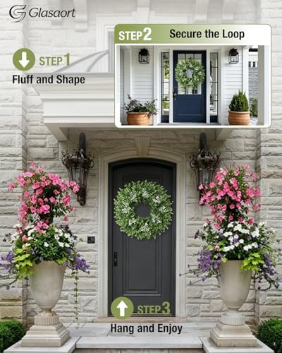2 Pack 24'' Boxwood Wreaths for Front Door, Artificial Eucalyptus Wreath - Image 5