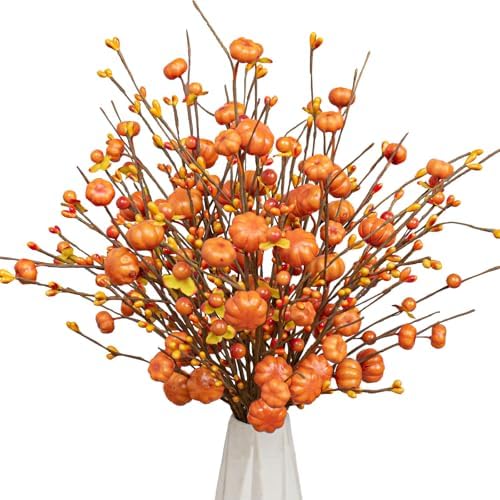 JINGHONG 18 Pack Artificial Pumpkin Picks 17” Tall Orange Berry Stems Fall Pumpkin Branches for Autumn Harvest Festival Thanksgiving Day Decor by JINGHONG