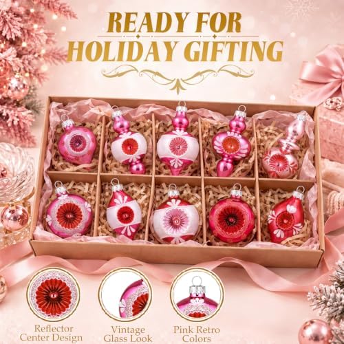 Soulchen 10 Pcs Vintage Glass Christmas Ornaments, Assorted, Pink - Image 5
