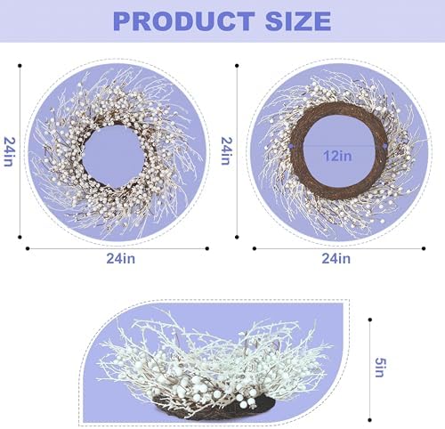 Winter Wreaths for Front Door 24 Inch Artificial Winter Wreath White Berry Wreath for Indoor Outdoor Window Wall Christmas Holidays - Image 3