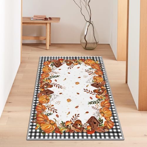 Artoid Mode Buffalo Plaid Pumpkins Mushrooms Birdhouse Fall Area Rug 3x5 Feet - Image 2
