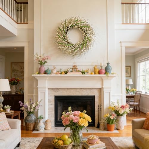 26 Inch Spring Wreaths for Front Door, Large Artificial Forsythia Flowers Wreath, Spring Summer Floral Wreath All Season for Home, Wall, Window, Porch, Wedding, Farmhouse Decor (White) - Image 5