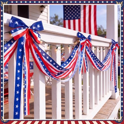 Knitgrip 10ft Patriotic Red White and Blue Outdoor Decorations Bunting Bow Garland with 4th of July 4 Large Bows Patriotic Porch Decor American Flag 250th Banner for Independence Day Wall Stair - Image 5
