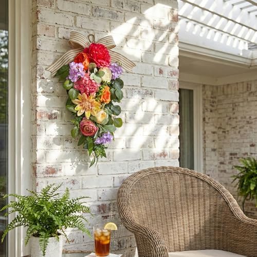 Svndlyn 24 Inch Lighted Floral Teardrop Swag with Timer, Peony and Roses - Image 3